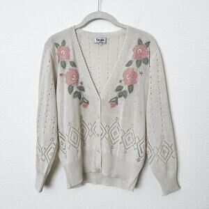 [Vintage] Cream Floral Pointelle Embroidered Cardigan Cottagecore Size Large L